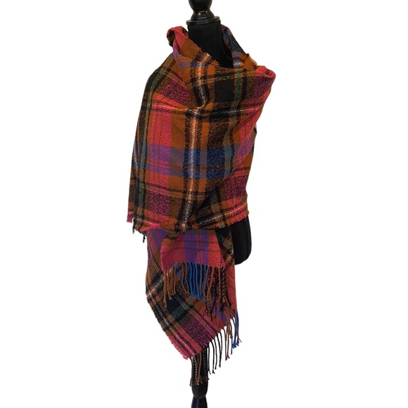 Pieces cozy on trend plaid oversized blanket scarf wrap fringe trim cold weather - Picture 7 of 10